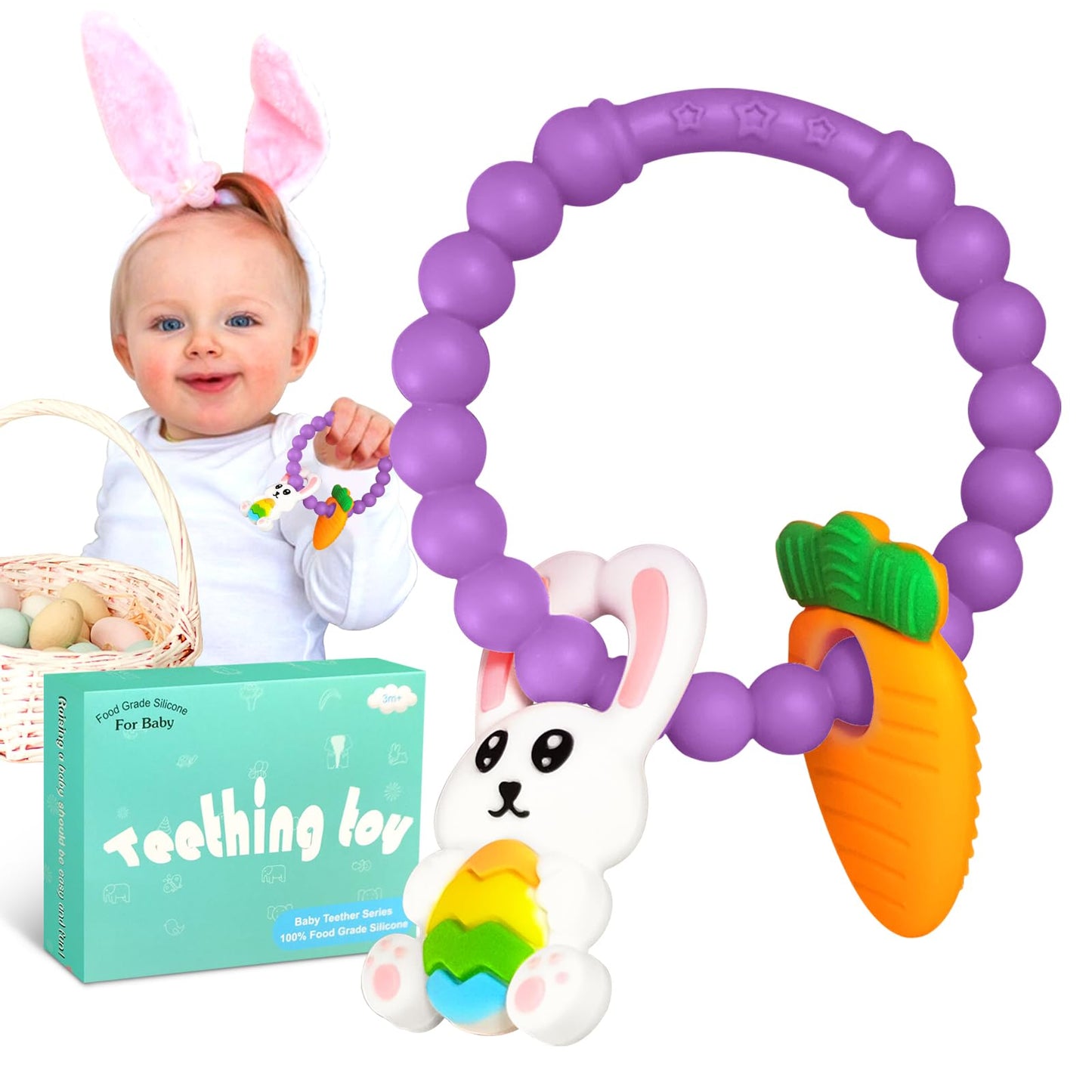 Teething Toys for Babies 3-6 Months, Tinabless Baby Easter Teether Silicone Chew Toys Easter Basket Stuffers for Baby 6-12 Months Infant Teething Toys Easter Gifts Boys Grils Bunny Carrot (Purple)