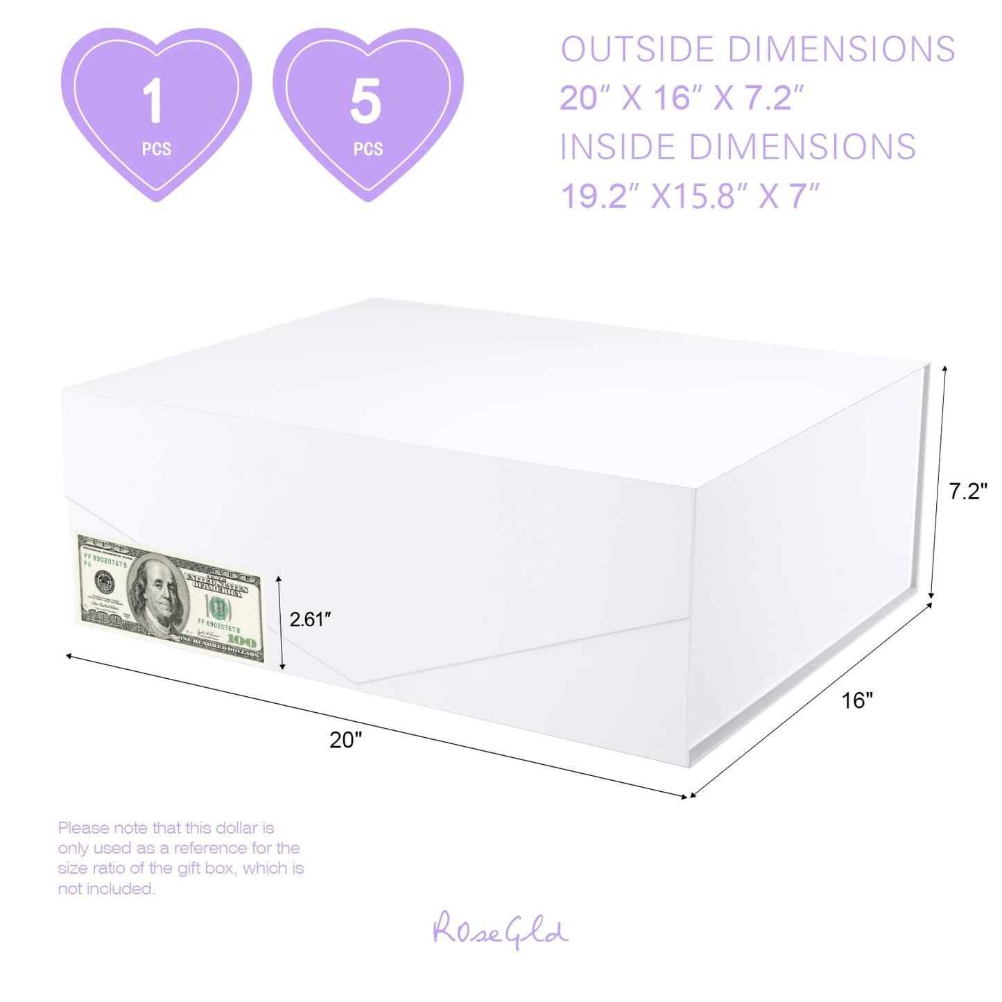 ROSEGLD Extra Large Gift Box 20x16x7.2 Inches, Giant White Magnetic Gift Box with lids for Presents, Bridesmaid Proposal Box (Glossy White)