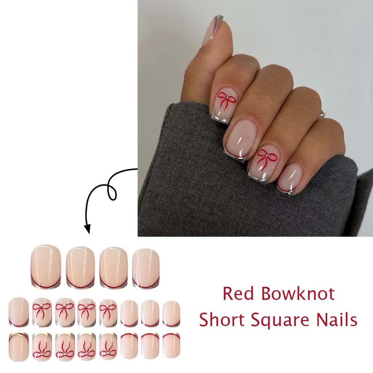French Tip Press On Nails Short Square Fake Nails Bowknot With Pearl Design Cute False Nails Reusable Artificial Acrylic Glue On Nail Full Cover Stick On Nail For Women Manicure 24pcs