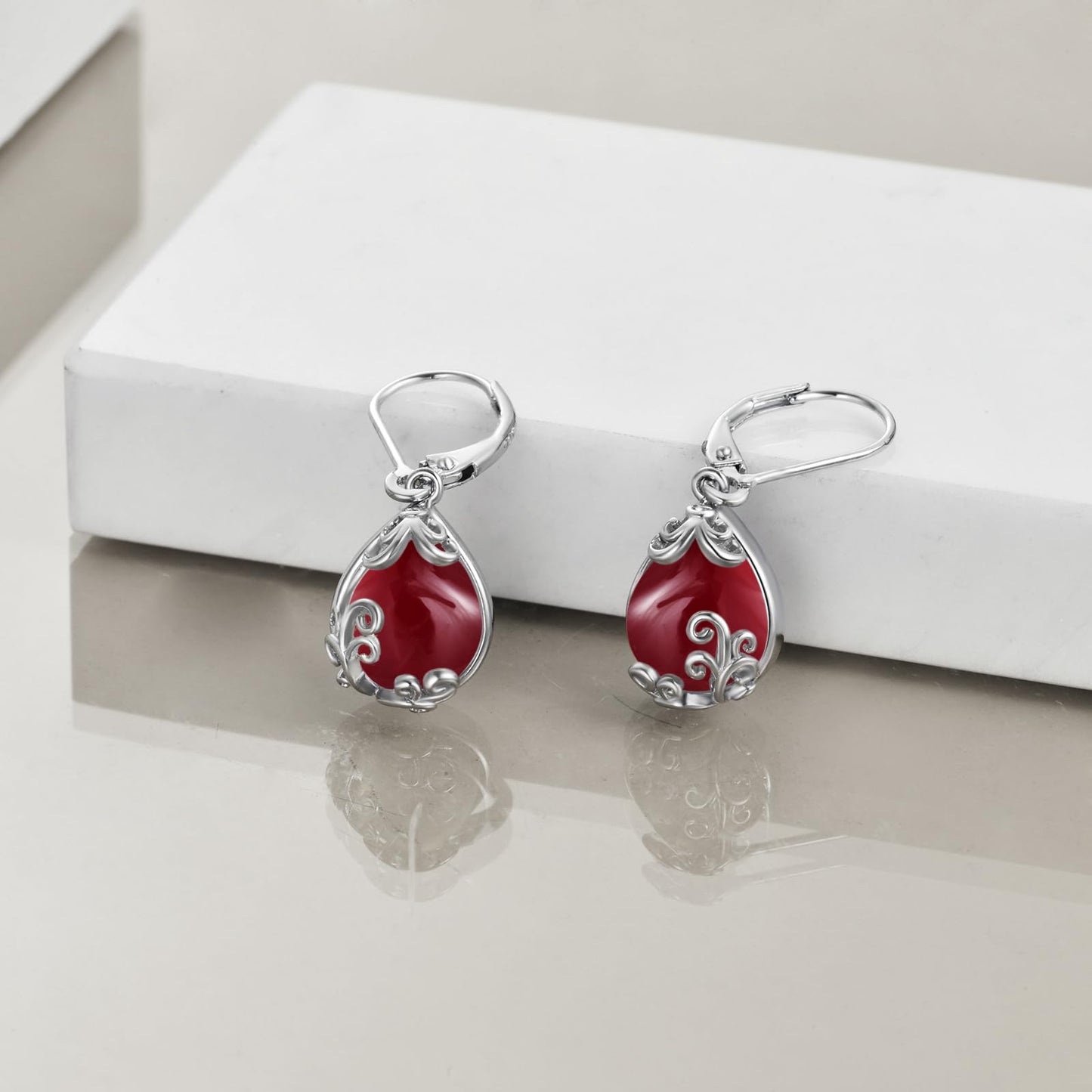 POPLYKE Garnet Filigree Teardrop Drop Dangle Earrings Sterling Silver Red Crystal Leverback Earrings Jewelry for Women
