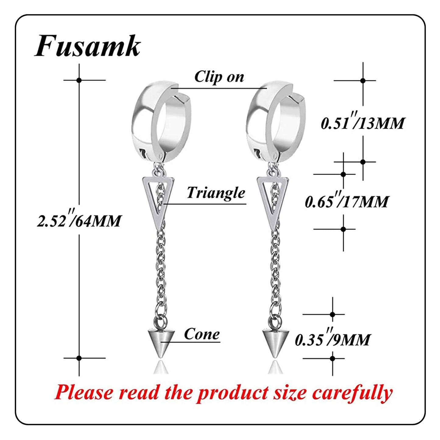 Fusamk Punk Rock Stainless Steel Triangle Ear Clip Earrings Spike Long Chain Dangle Earrings(Silver)