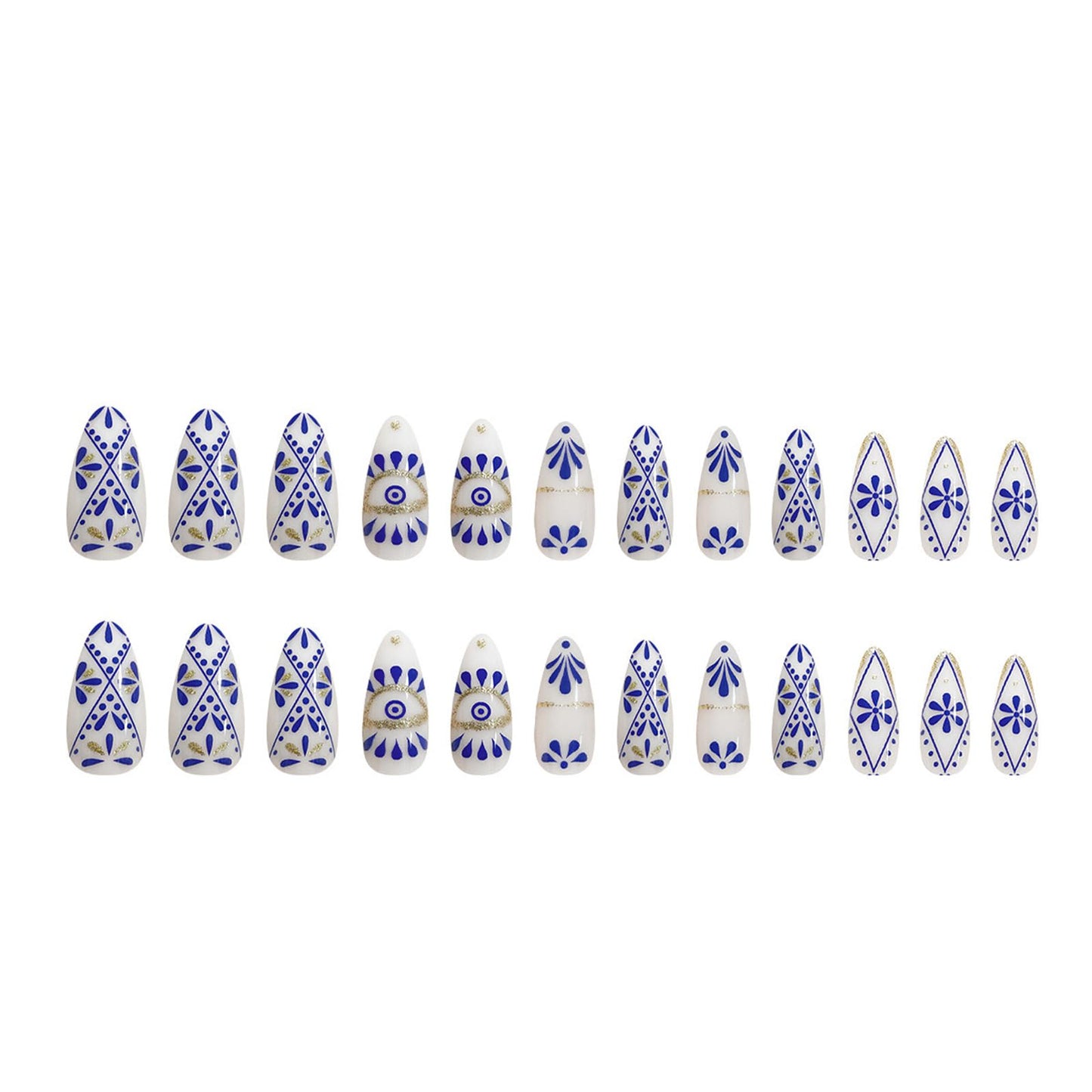 FJSMTOPl Almond Press on Nails - Boho Fake Nails Press ons - with Designs Blue False Nails - Acrylic Glue on Nails - Artificial Stick on Nails - for Women Manicure 24Pcs