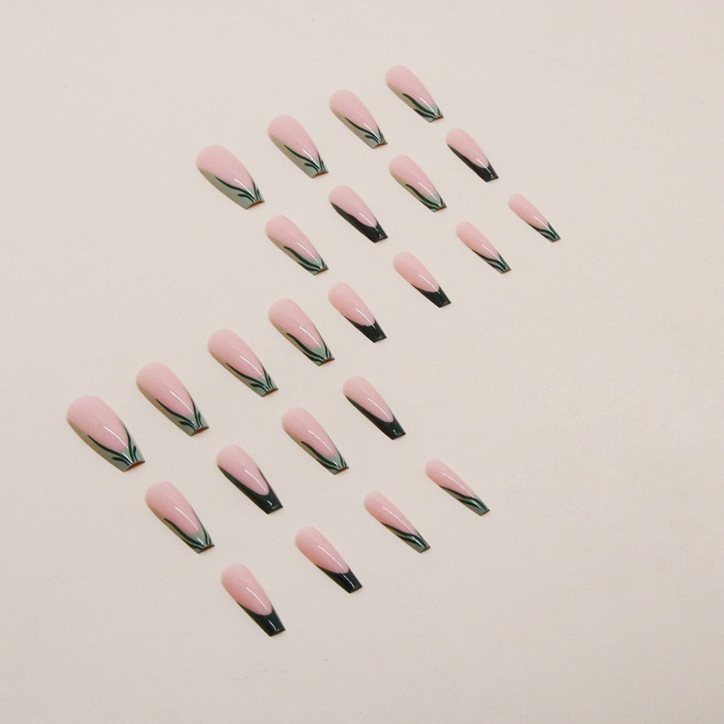 MISUD Press on Nails - Long Coffin Glue on Nails, Acrylic Dark Green French Tip Design 24 pcs