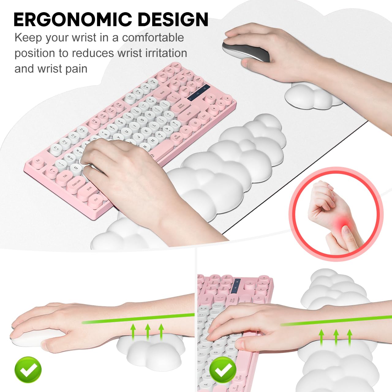 JIKIOU Large Cloud Mouse Pad Waterproof with Cloud Keyboard Wrist Pad and Cloud Mouse Wrist Pad Set, Ergonomic Computer Desk Wrist Support Mousepad for Keyboard and Mouse White