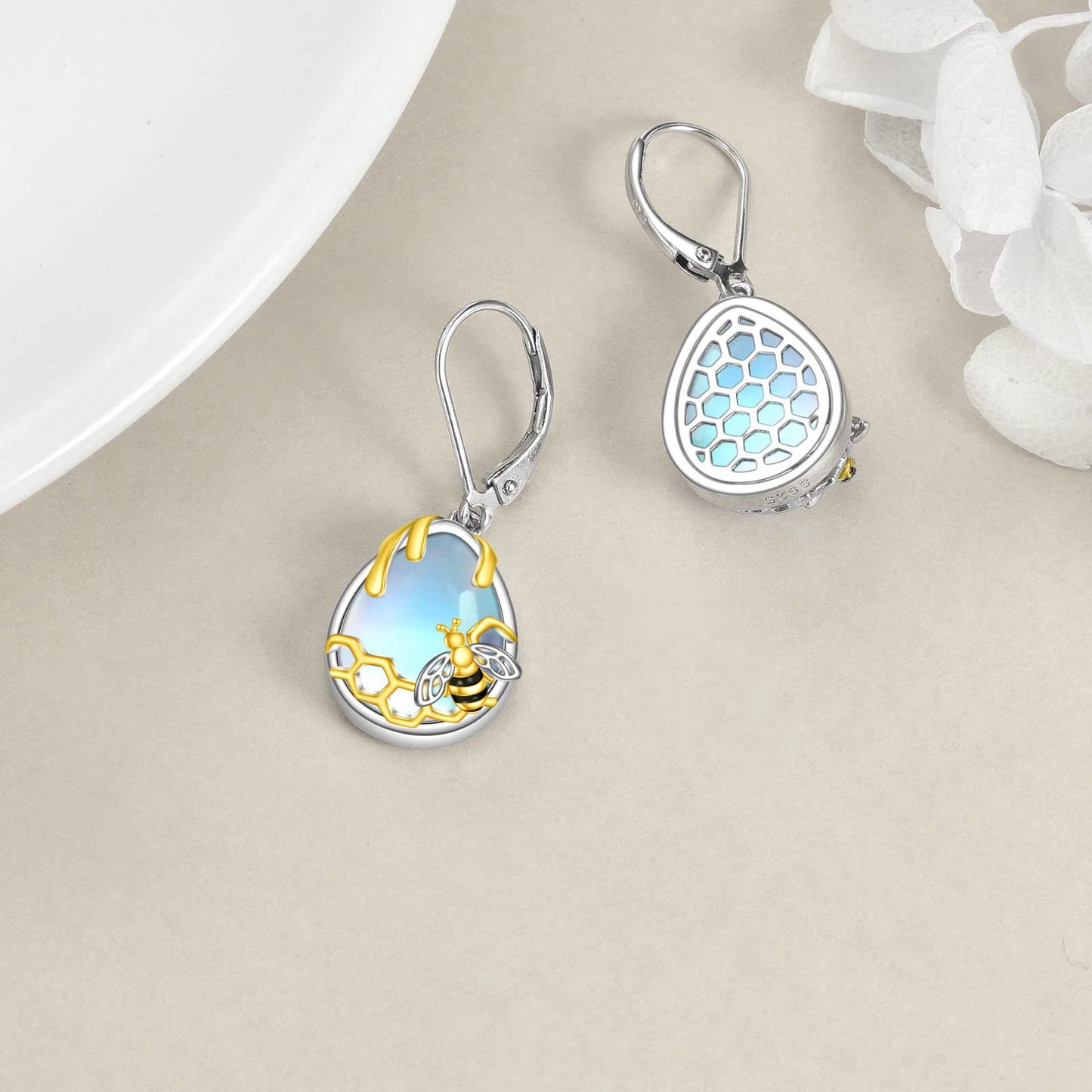 YFN Honeycomb Bee Moonstone Earrings 925 Sterling Silver Teardrop Dangle Hypoallergenic Leverback Earring for Women