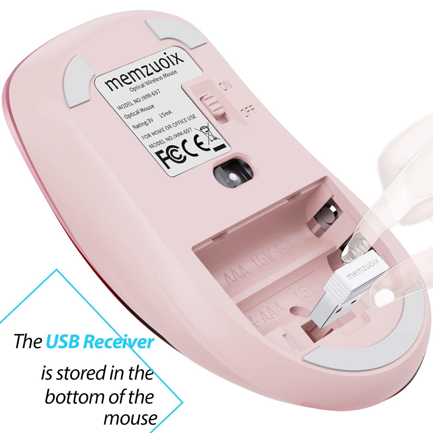 memzuoix 2.4G Wireless Mouse, 1400 DPI Mobile Optical Cordless Mouse with USB Receiver, Portable Computer Mice for Laptop, PC, Desktop, MacBook, 5 Buttons (Pink)