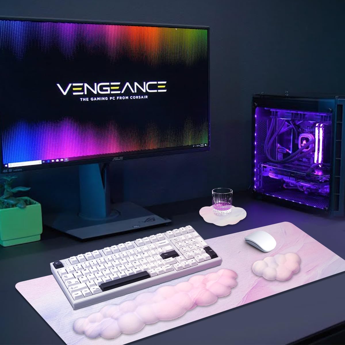 Gaming Desk Mat with Keyboard Wrist Rest Set, 4 in 1 Large Mouse Pad & Cloud Keyboard Wrist Rest& Mouse Wrist Rest&Coaster, Comfort and Support for Typing and Gaming(Purple Gradient)