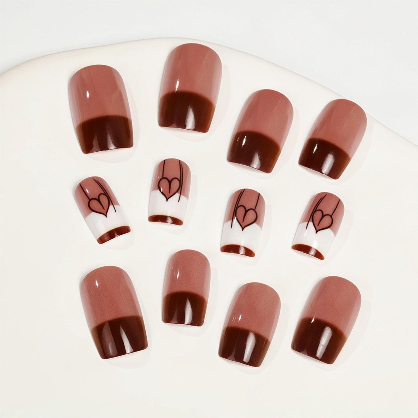 French Tip Press on Nails Square Medium Fake Nails with Love White Lines Designs Glossy Nails Press ons Brown Full Cover Glue on Nails Fall Acrylic Artificial Stick on Nails for Women 24Pcs
