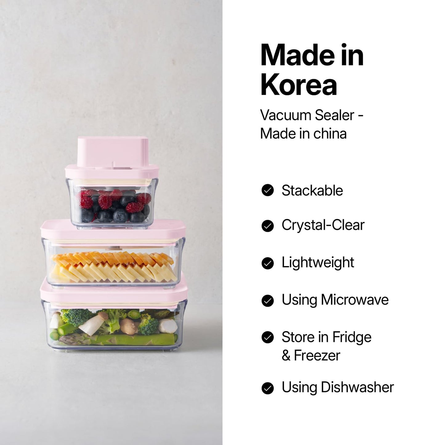 VAKUEN Premium Airtight Food Storage Containers ROSE 8P/SET, 6pcs Container, 1pcs Water Pitcher and Vacuum Sealer. Patented Double Silicone Lining, 100% Leak Proof, BPA-FREE