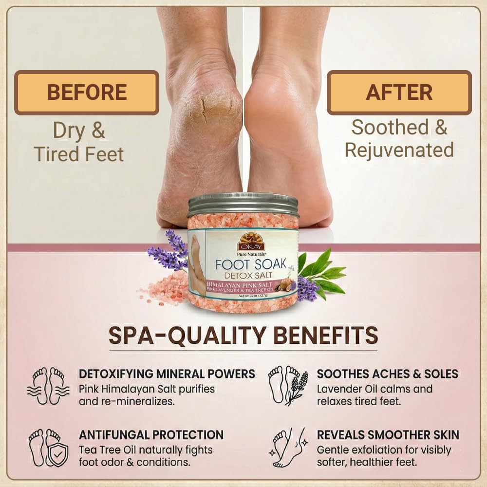 OKAY Foot Soak Detox Salt - Foot Soaking Salts for Dry Cracked Feet with Tea Tree Oil and Lavender Oil, Foot Bath, Pedicure Soak, Great for Men and Women, Athletes - 20 oz (Pack of 1)