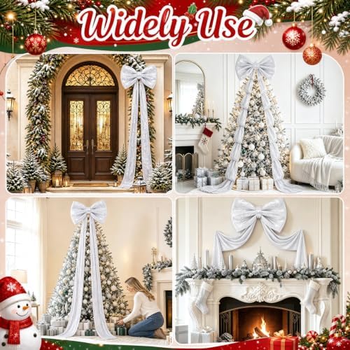 Giant Bow Decoration Silver Sequin Christmas Tree Bow 75 x 23 Inch Sparkle Large Bow with Long Ribbon Coquette Big Bows Decor for Xmas Tree Topper Mantel Display Holiday Porch Trim