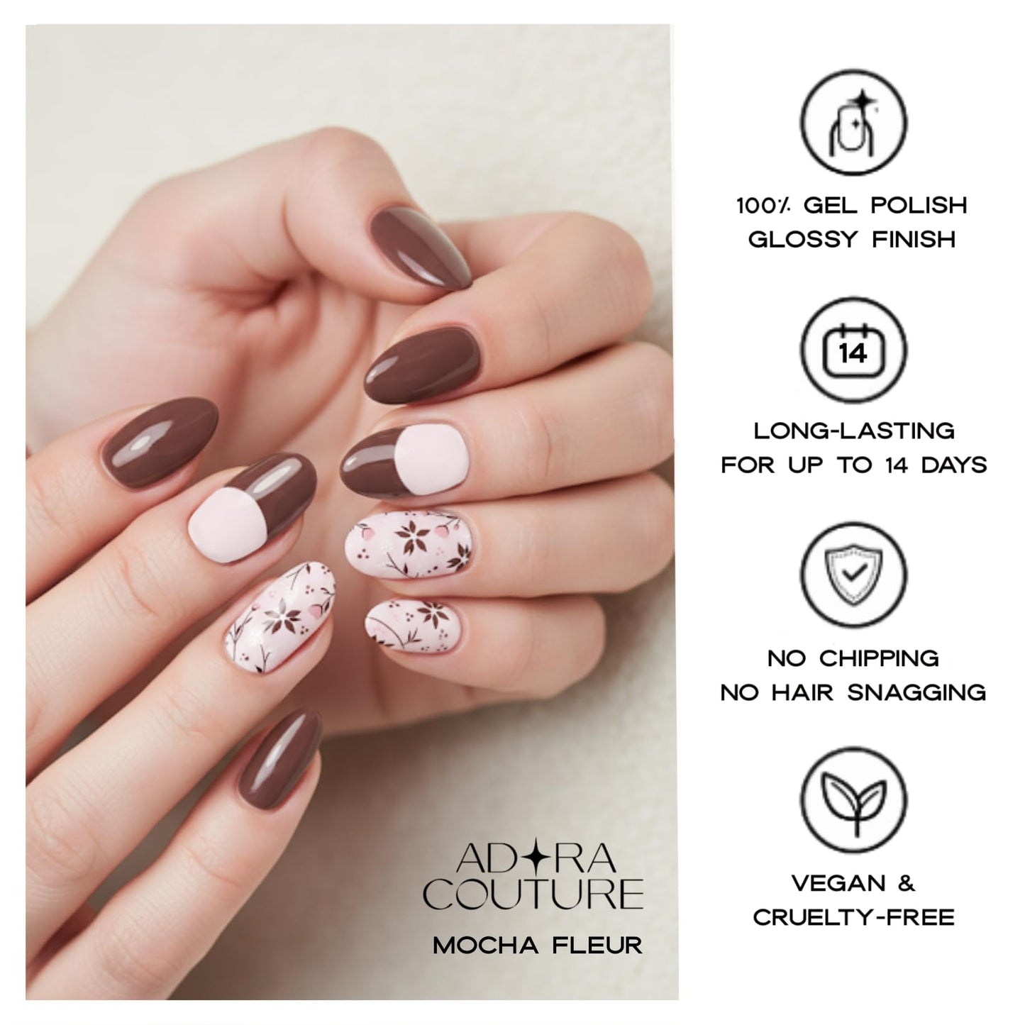 Semi Cured Gel Nail Strips with 30 Pieces – UV Gel Nail Stickers & Nail Wraps, Complete Manicure Kit Includes Prep Pads, Nail File and Wooden Stick, Easy Application, UV Light Required (Mocha Fleur)