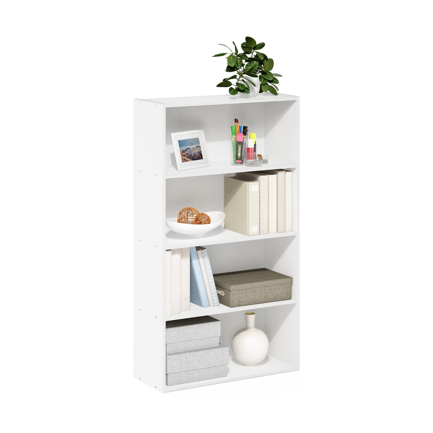 Furinno PASIR Book Shelf, 4-Tier Bookshelf, Bookcase with Open Shelf, 9.4 x 23.6 x 41.7, for Living Room, Bedroom, Home Office, Plain White