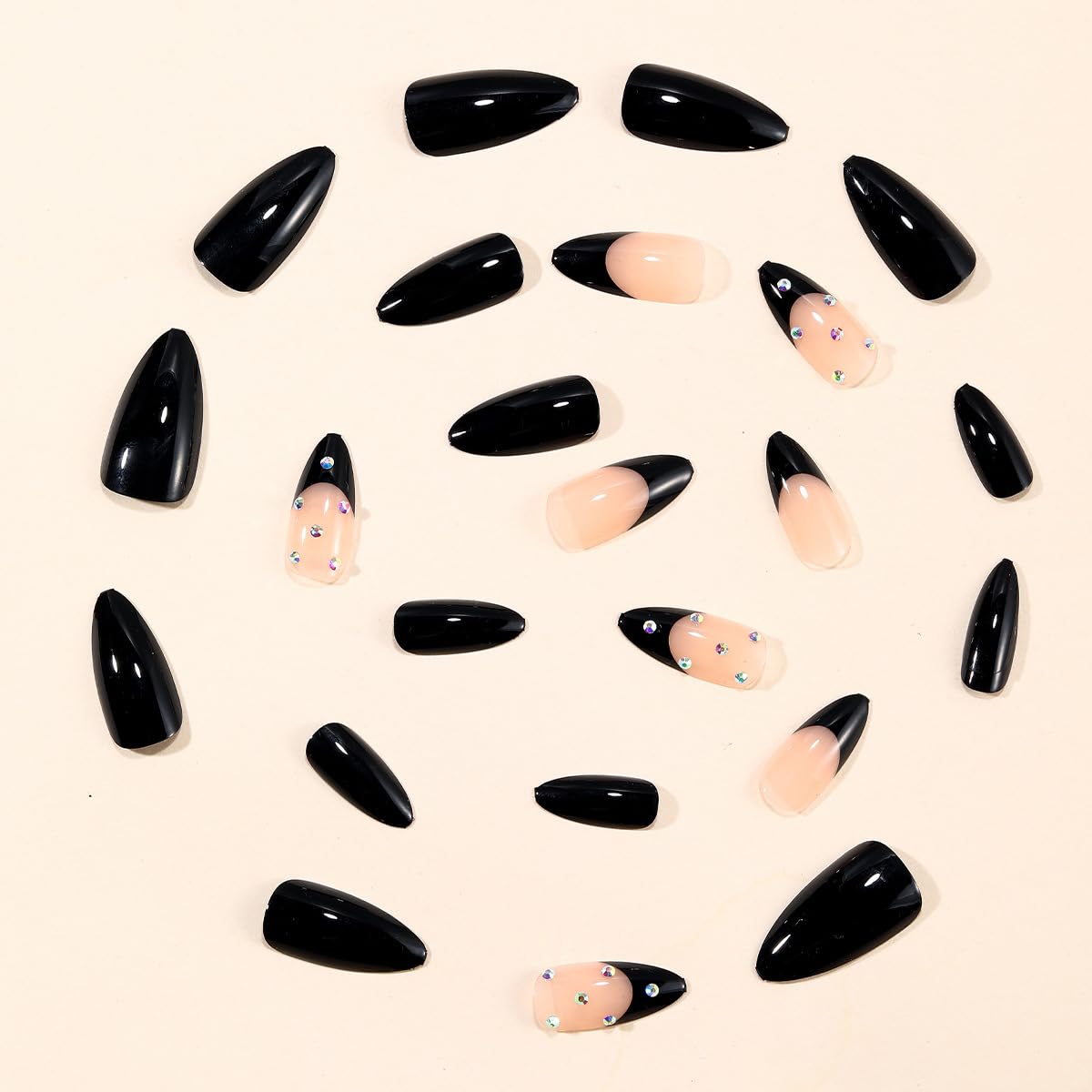 Medium Almond Black Press on Nails - French Tip with Rhinestone Design, Full Cover Glossy Fake Nails 24PCS for Women
