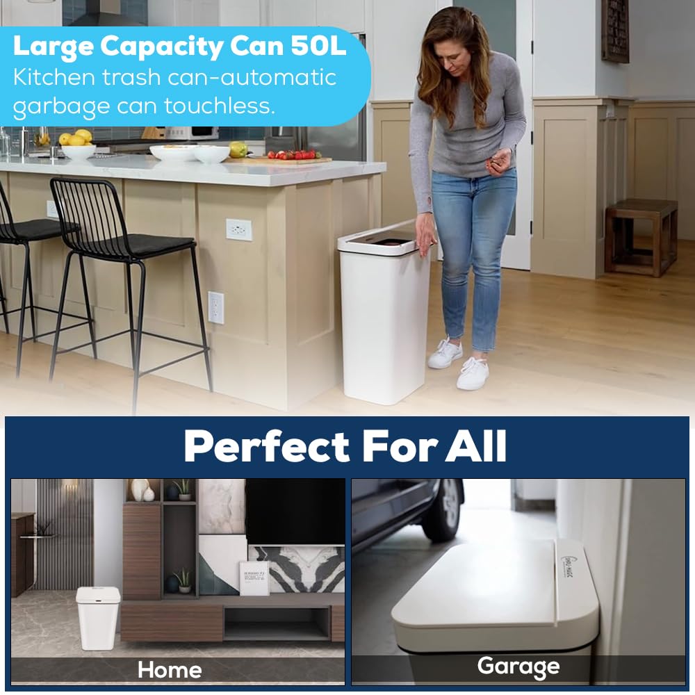 SIMPLI-MAGIC 79502 13 Gallon Touchless Sensor Trash Can, Rectangle Garbage Bin, Perfect for Home, Kitchen, Office, White