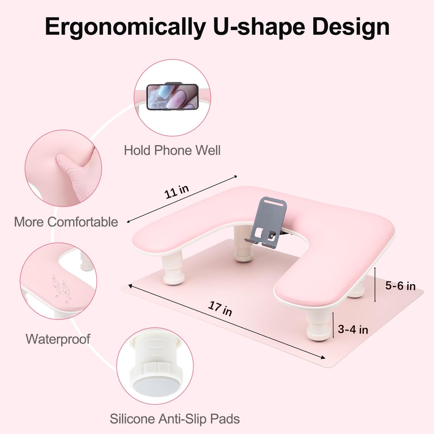 Arm Rest for Nails Tech with Nail Table Mat and Phone Holder,Adjustable Base U-shaped Manicure Nail Hand Rest Stand Pillow Cushion(Pink)