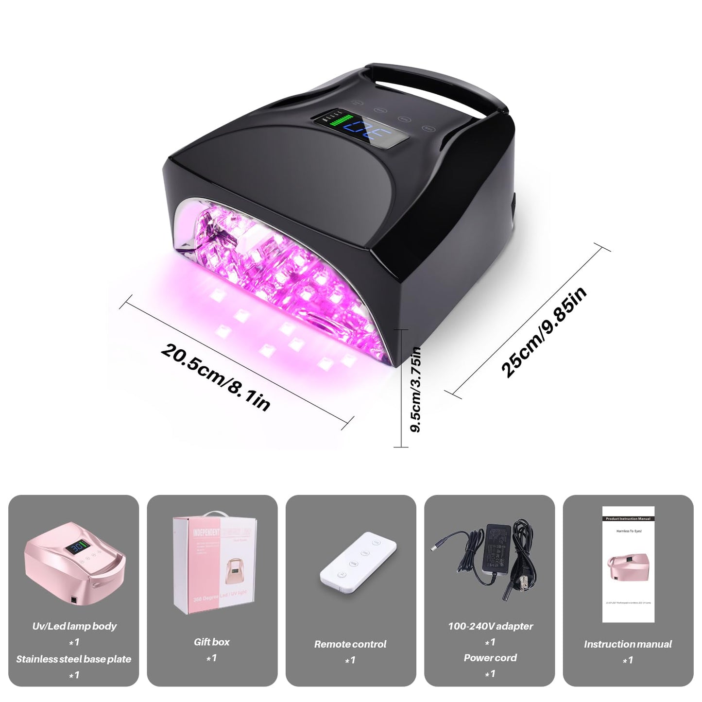 BIDUO 52 LEDs Cordless UV Nail Lamp, 96W High Power, Magnetic Mirror Base,Thumb Light,4 Timers, Auto Sensor, Key Sound, Built-in Cooling Fan,Remote Control Professional UV Light for Gel Nails(Black)