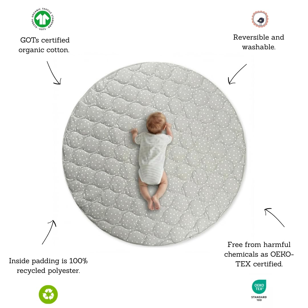 Byrd & Blume Round Baby Play Mat, Reversible Quilted Organic Cotton, Soft Circle Nursery Rug, Non Toxic, Foldable Portable, 40 Inch, Gray Stars/Solid Gray