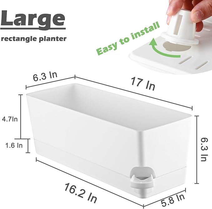 4 Pack Self Watering Pots for Indoor Plants 17 Inches Window Boxes Planters Rectangular Flower Pots Rectangle Herb Pots Large Plant Pots with Drainage Holes and Saucers Windowsill Planter, White