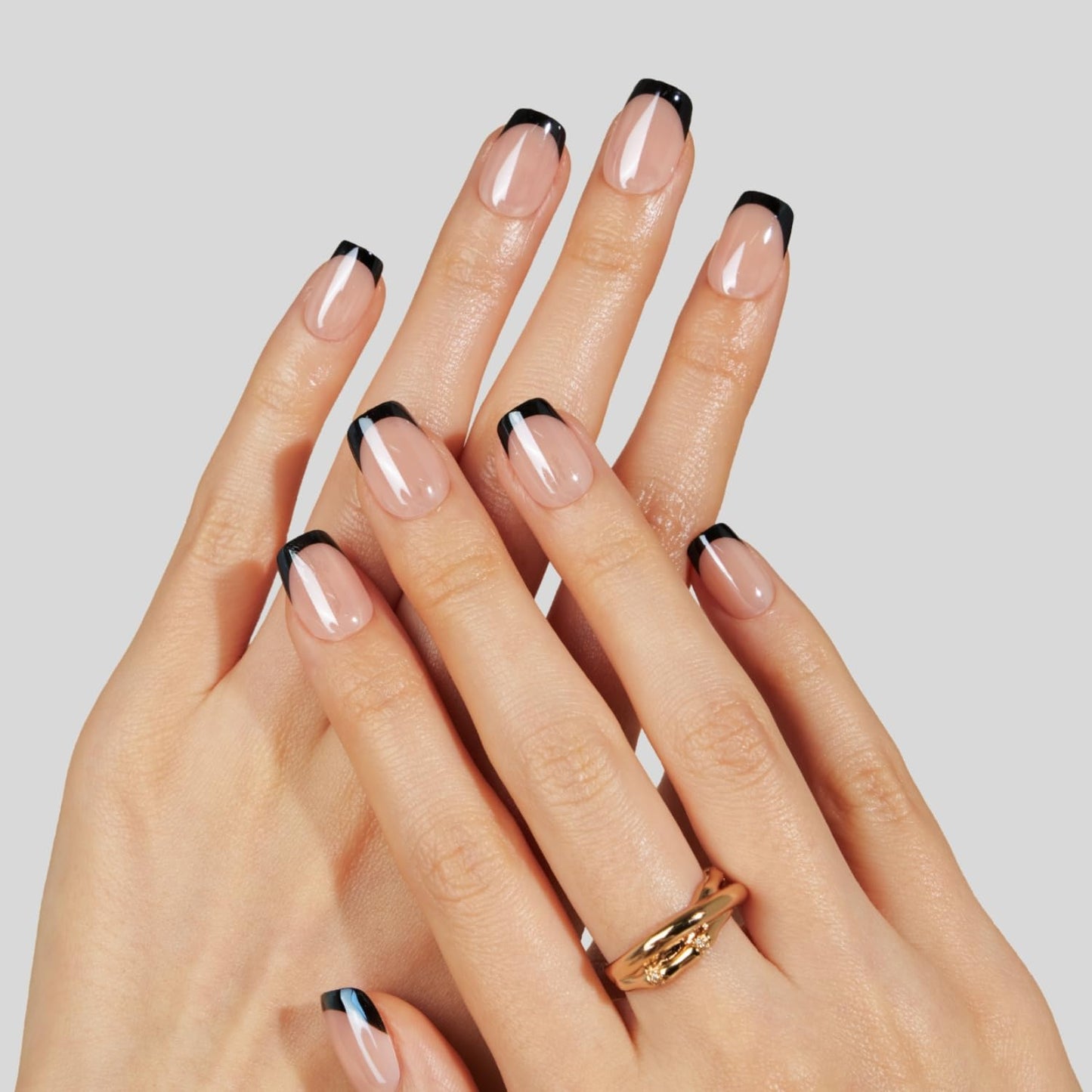 LAMIMOSA 32Pcs Black French Tip Press on Nails Short Square - Soft Gel Fake Nails in 16 Sizes, Reusable Glue on Nails Kit in Glazed Finish, Chrome False Nails, CAVIAR GLAZE