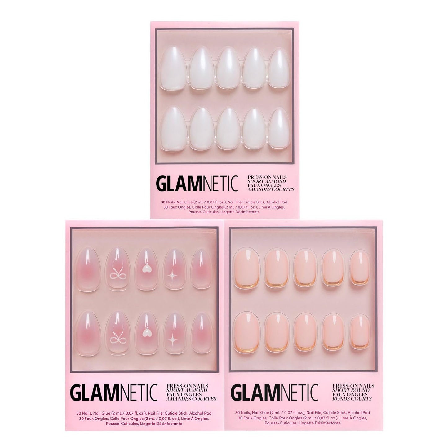 Glamnetic Press-On Nails Bundle - Lovers Knot, Goal Digger & Hailey | Almond Nude Fake Nails with Bow Accents | Natural Round False Nails with Gold Foil | Glazed Short Almond False Nails