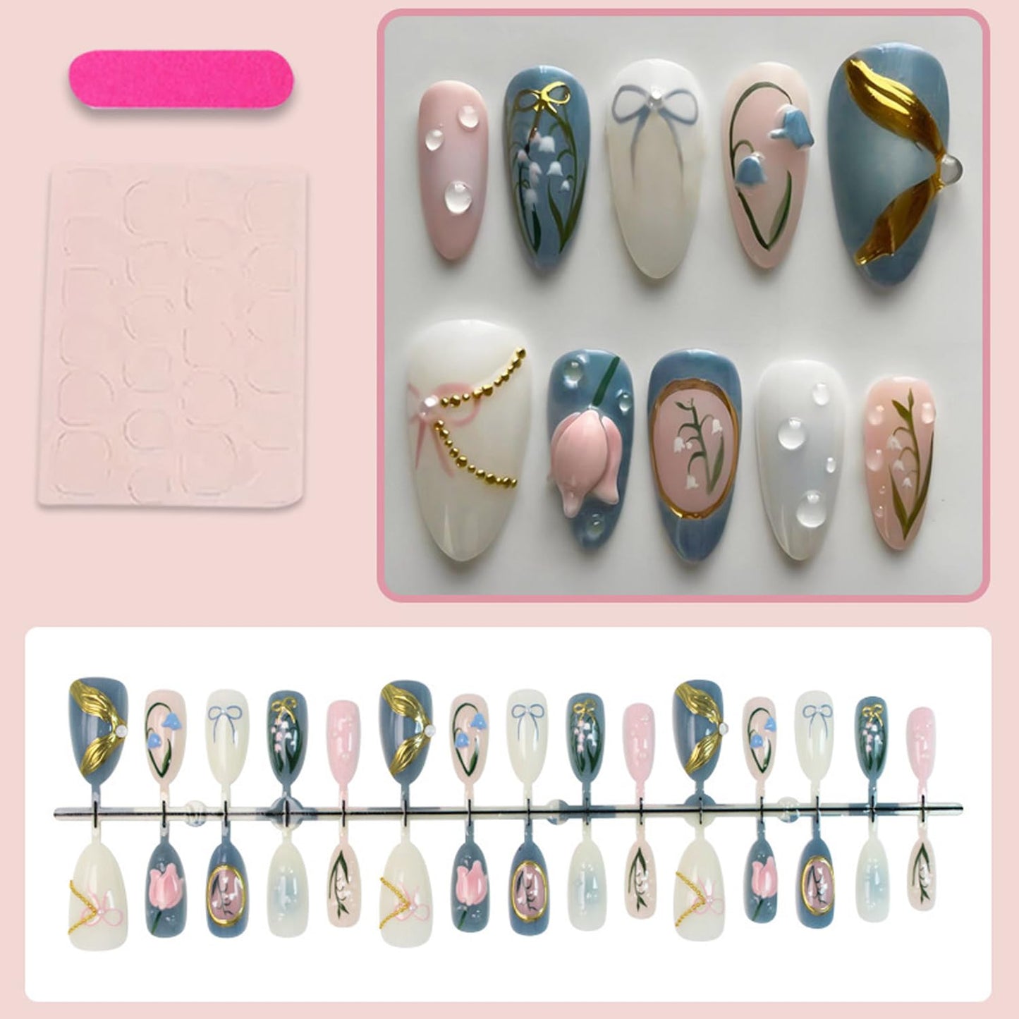 30pcs Almond Press on Nails Medium Handmade Fake Nail Art, 3D Tulip Water Drop Removable Design French Tip Press on False Nail Tips Light Blue Artificial Acrylic Nail Spring Summer Nails Set