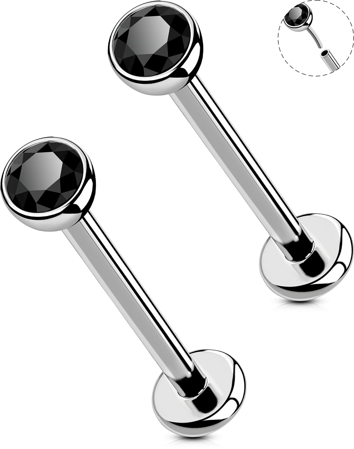 OUFER 2Pcs Black Nose Studs, 20G G23 Solid Titanium Threadless Nose Studs 2.5MM Flat Back Tiny CZ 2.5MM Nose Nostril Piercing Jewelry-7MM