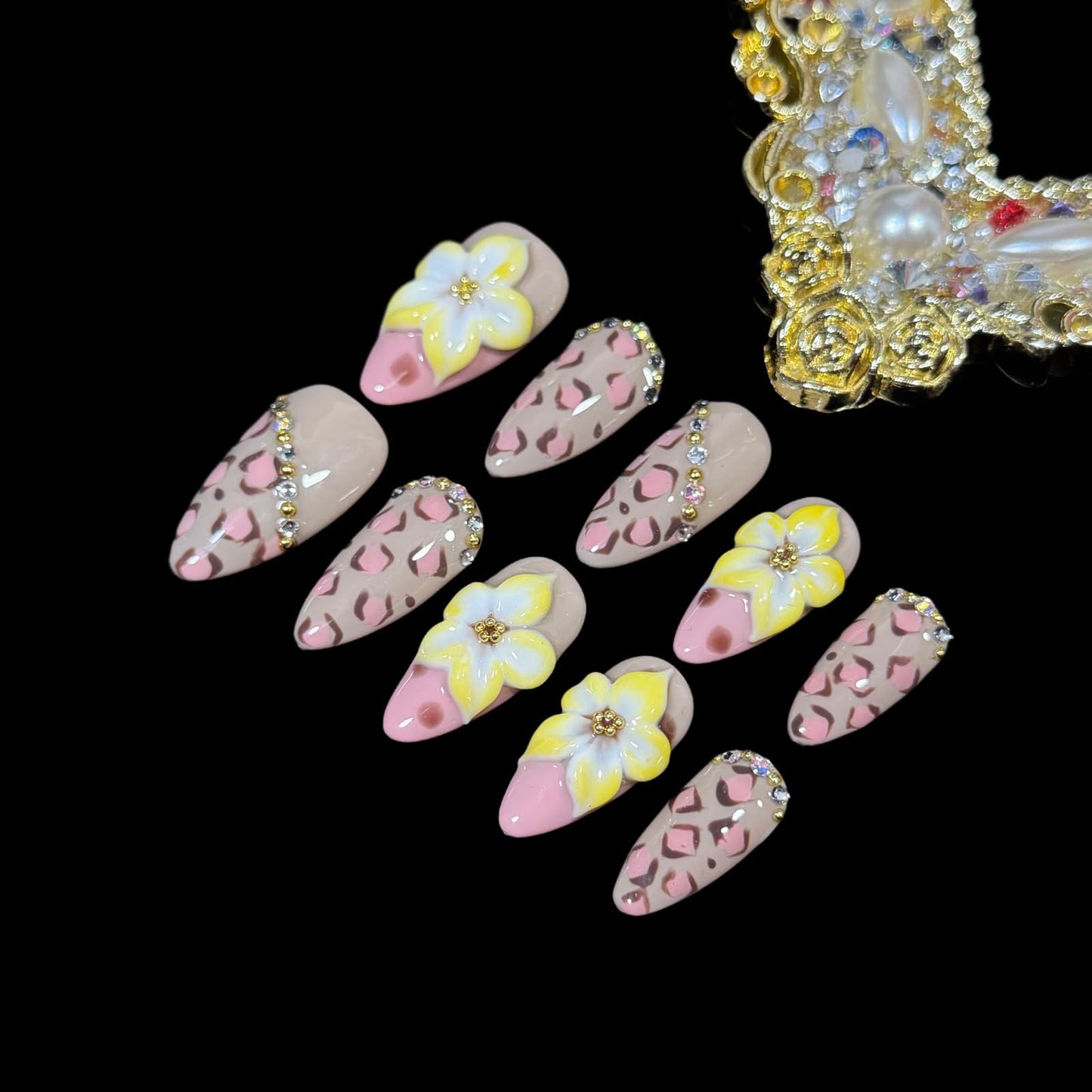 Handmade 3D Flower Leopard Press On Nails, Almond Shape, Vintage Deisgn Nude Pink with Rhinestones, Reusable Acrylic Thick False Nails Wild Meets Chic (M)