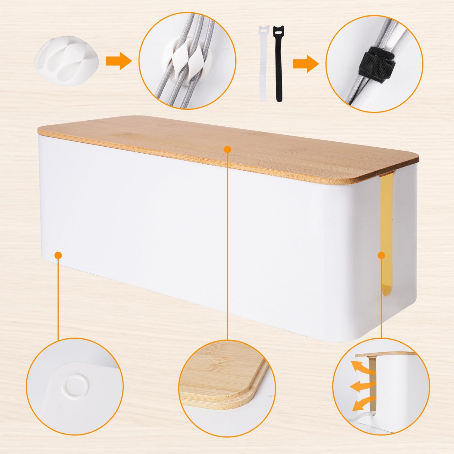 2 Pack Cable Management Box – Child and Pet-Proof Cord Organizer with Bamboo-Style Design, Large Capacity Cable Cover for Hiding TV Wires, Computer Cables, Power Strips,and USB Hubs, White