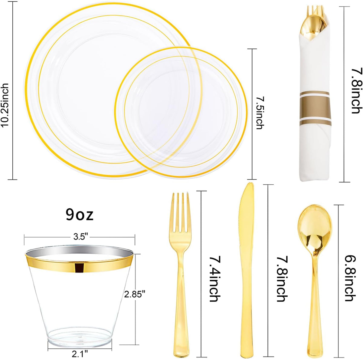 WELLIFE 350PCS Clear-Gold Plastic Plates - 100 Disposable Plates, 150Plastic Silverware, 50 Cups, 50 Napkins for Wedding & Party