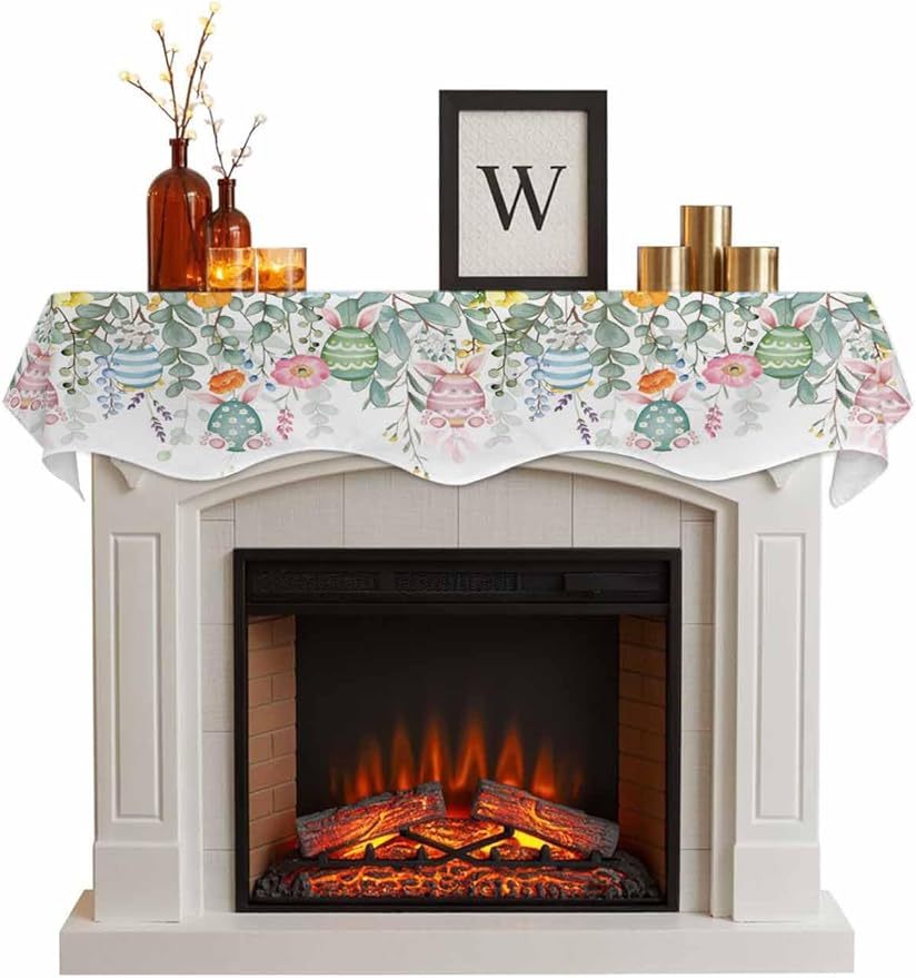 Easter Eggs Fireplace Mantel Scarf Table Runner, Bunny Eucalyptus Leaves Spring Flower Plant Winter Garland Mantel Top Tablerunners Dresser Scarves Cover for Windows Party Living Room 90''x17''