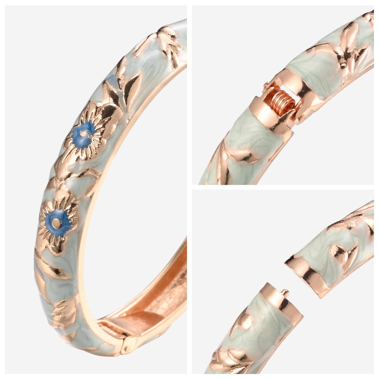 UJOY Enamel Flower Bracelet Colors Rose Plated Spring Cuff Bangle Cloisonne Jewelry for Women 55A103 Light Blue
