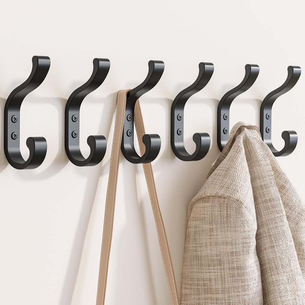 bussdis Wall-Mount Coat Hooks, Heavy Duty 30LB Hooks for Hanging Coats, Bags, Backpacks, Keys, Hats – Black Metal Hooks for Wall,Door (6 Pack)