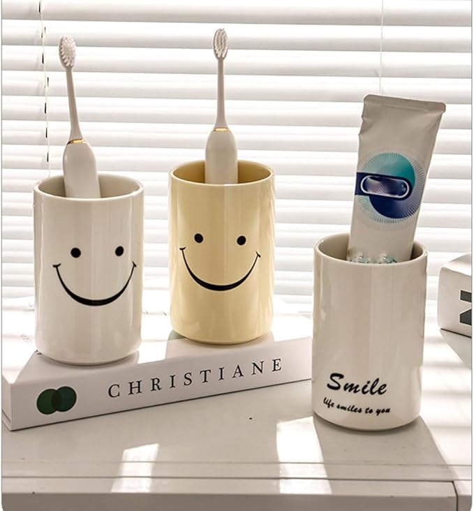 Smiley Face Ceramic Toothbrush Cup - Creative Smile Design, Practical Bathroom Cup, Perfect for Home, Dorm, or Gifts (White & A)