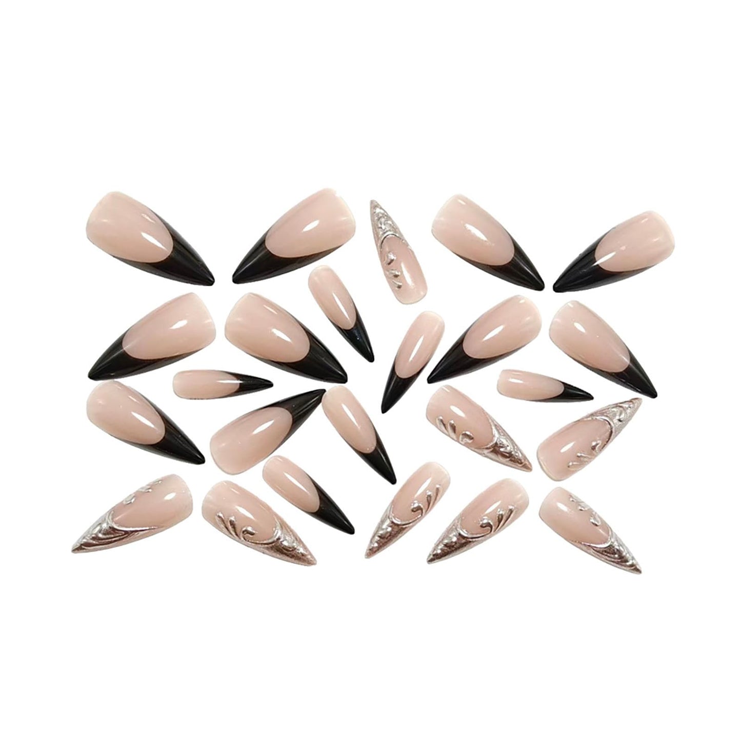 RUOKEXIN Long Press on Nails Almond Fake Nails French Tip False Nails with 3D Silver Glitter Designs Stiletto Nail Press ons Sparkly Artificial Nails for Women 24Pcs