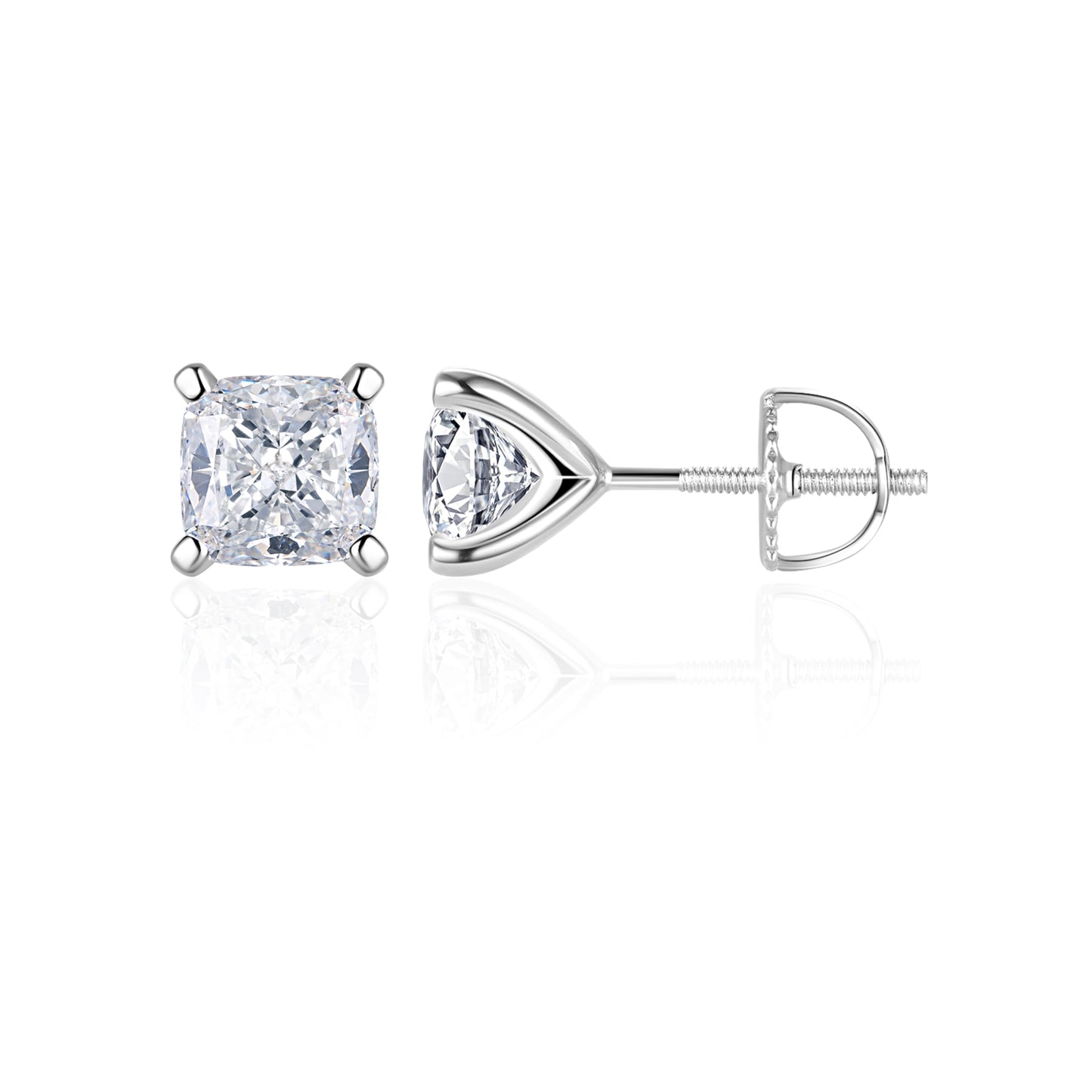 Lab-Grown Diamond Stud Earrings in Hypoallergenic 925 Sterling Silver, Screw Back, 1/5 to 2 1/2 Cttw, Round Princess Cushion Cut, 4 Prong, G-H Color, SI Clarity (Silver, 2.0 cttw (1.0ct each), White Cushion Diamond)