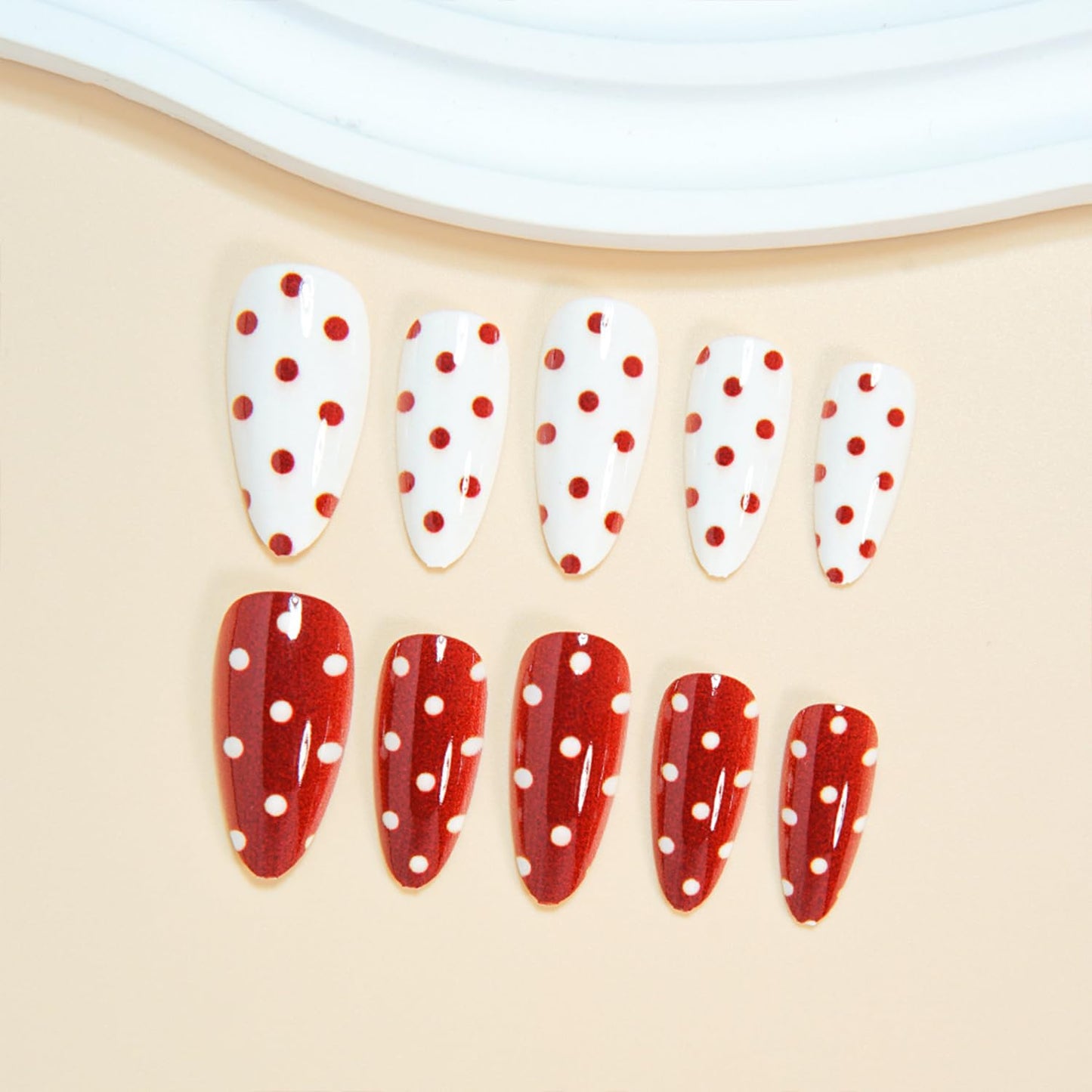 Red White Polka Dots Press on Nails Medium Almond Fake Nails Glossy Full Cover Acrylic Glue on Nail for Women