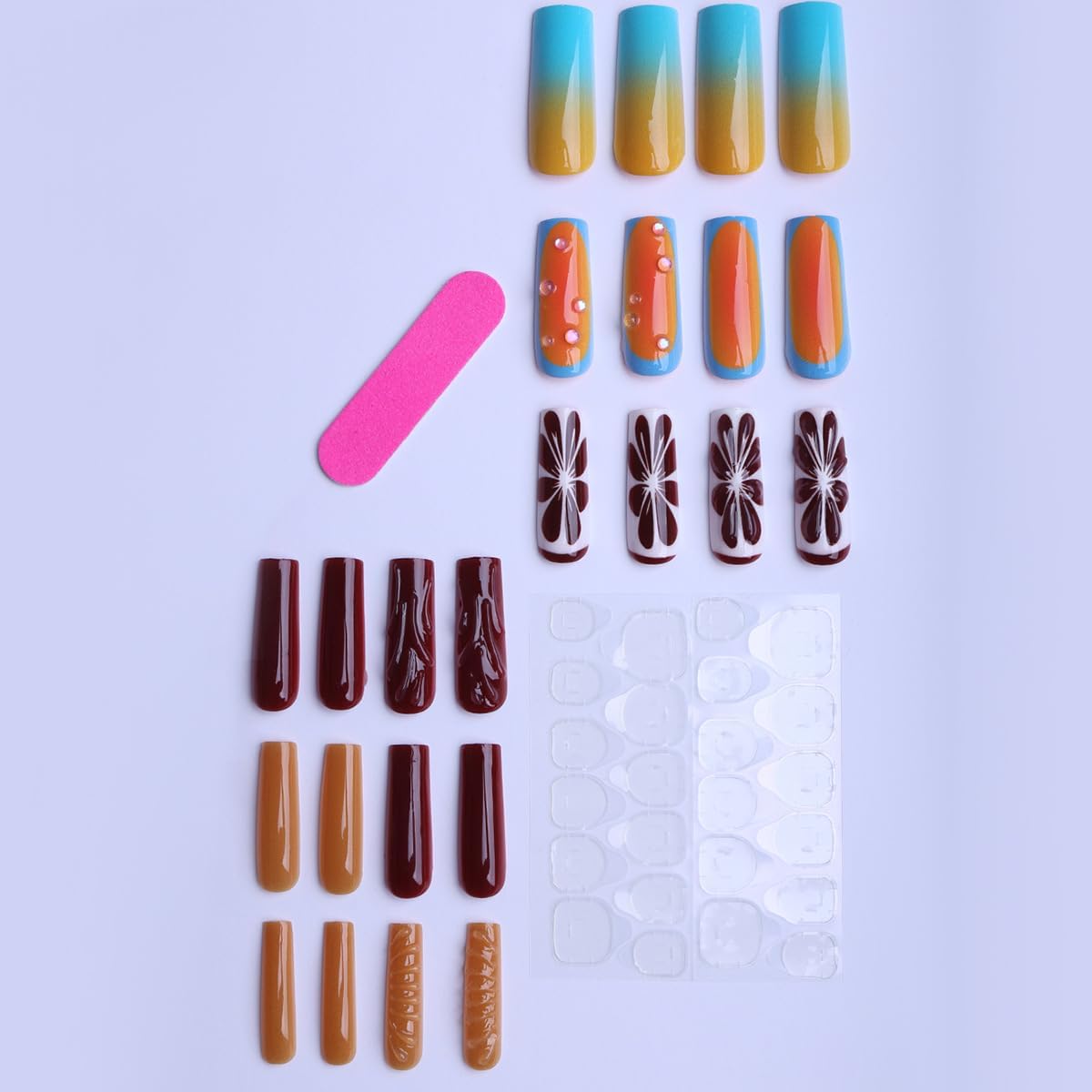 plalely Square Press on Nails Long Gradient Fake Nail Blood Orange with Water Drop Design Acrylic Nail Press ons Embossed Lemon Stick on Nail for Women 24pcs