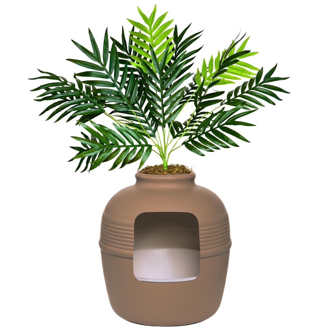 Good Pet Stuff Original Hidden Litter Box Planter, Decorative Cat Litter Enclosure with Carbon Filter, Artificial Palm Plant, Upgraded Design, Easy to Clean, Base Kit, White Birch