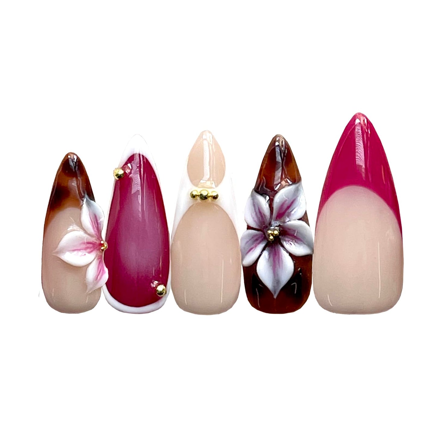 DreamRunNails Handmade Press on Nails, Medium Oval Shape with 3D Rhinestone and Hand Painted Floral Design, Reusable Acrylic Fake Nails, Pink Brown Nude