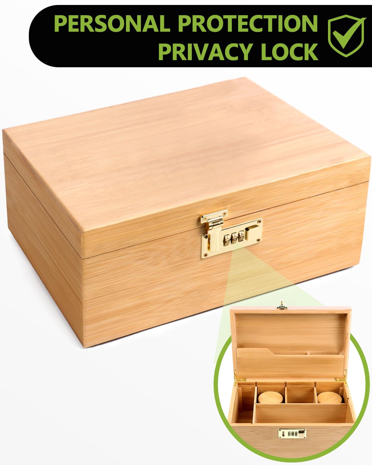 OZCHIN Large Bamboo Box with Combination Lock Decorative box for Home Great Gift Choice Storage Lockbox with Storage Jar, Christmas Gifts for Men Women