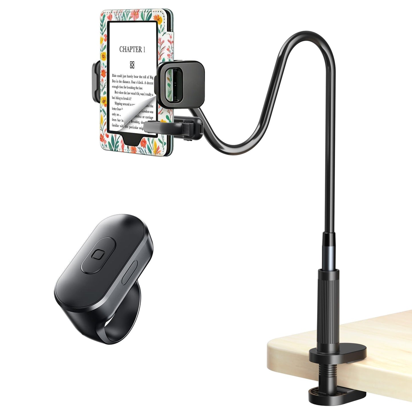 [Case-Friendly] Long Tablet Stand for Kindle with Page Turner Ring Remote, Gooseneck Holder for Reading in Bed with Clicker, eReader Accessories Gift for Readers Compatible with iPad iPhone Fire HD