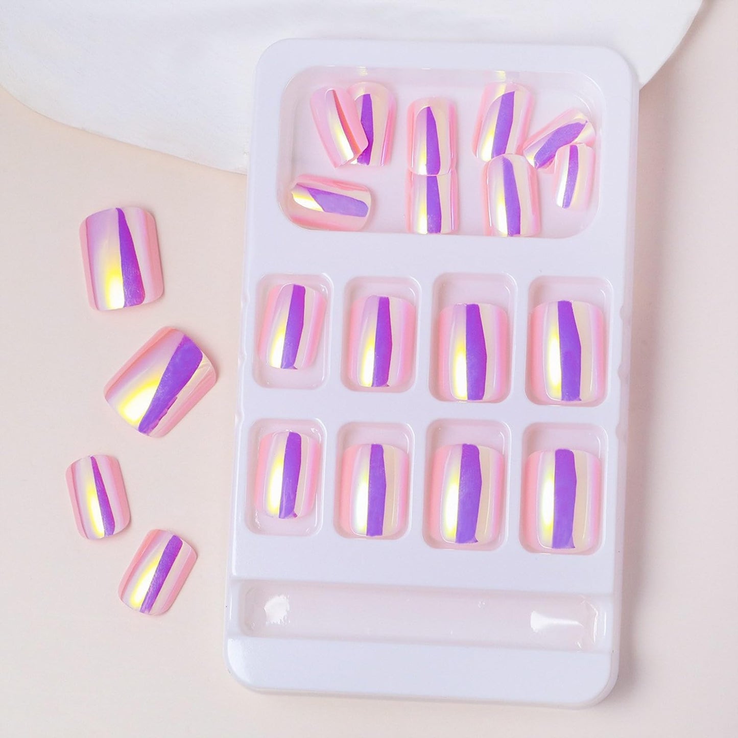 IMSOHOT Pink Laser Press on Nails Short Square Fake Nails Glossy Aurora Full Cover Cute Squoval Acrylic False Nails Chrome Suqoval Stick on Nails for Women Girls 24Pcs