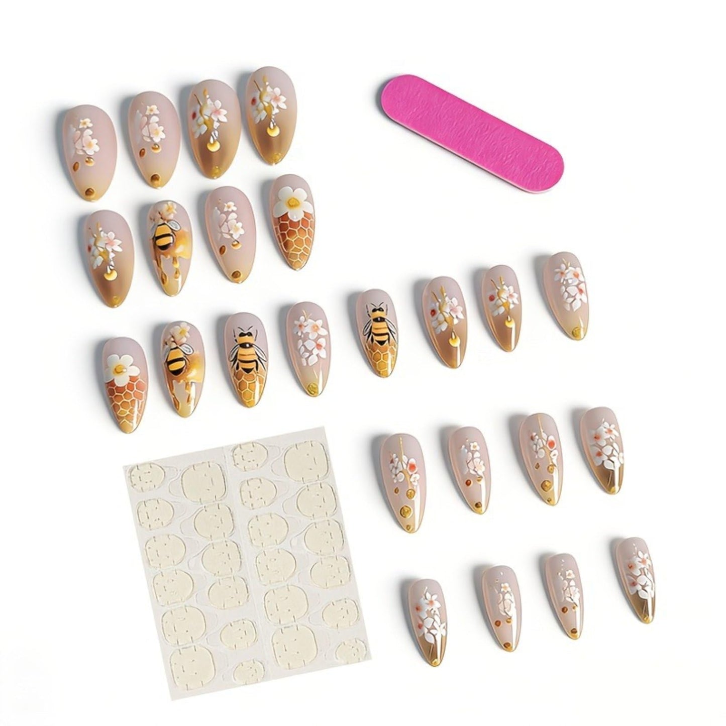 Almond Press on Nails Medium Fake Nails Spring False Nails Bee Flower Artificial Nails with Honeycomb Designs Glossy Acrylic Nails Summer Stick on Nails Full Cover Glue on Nails for Women Manicure