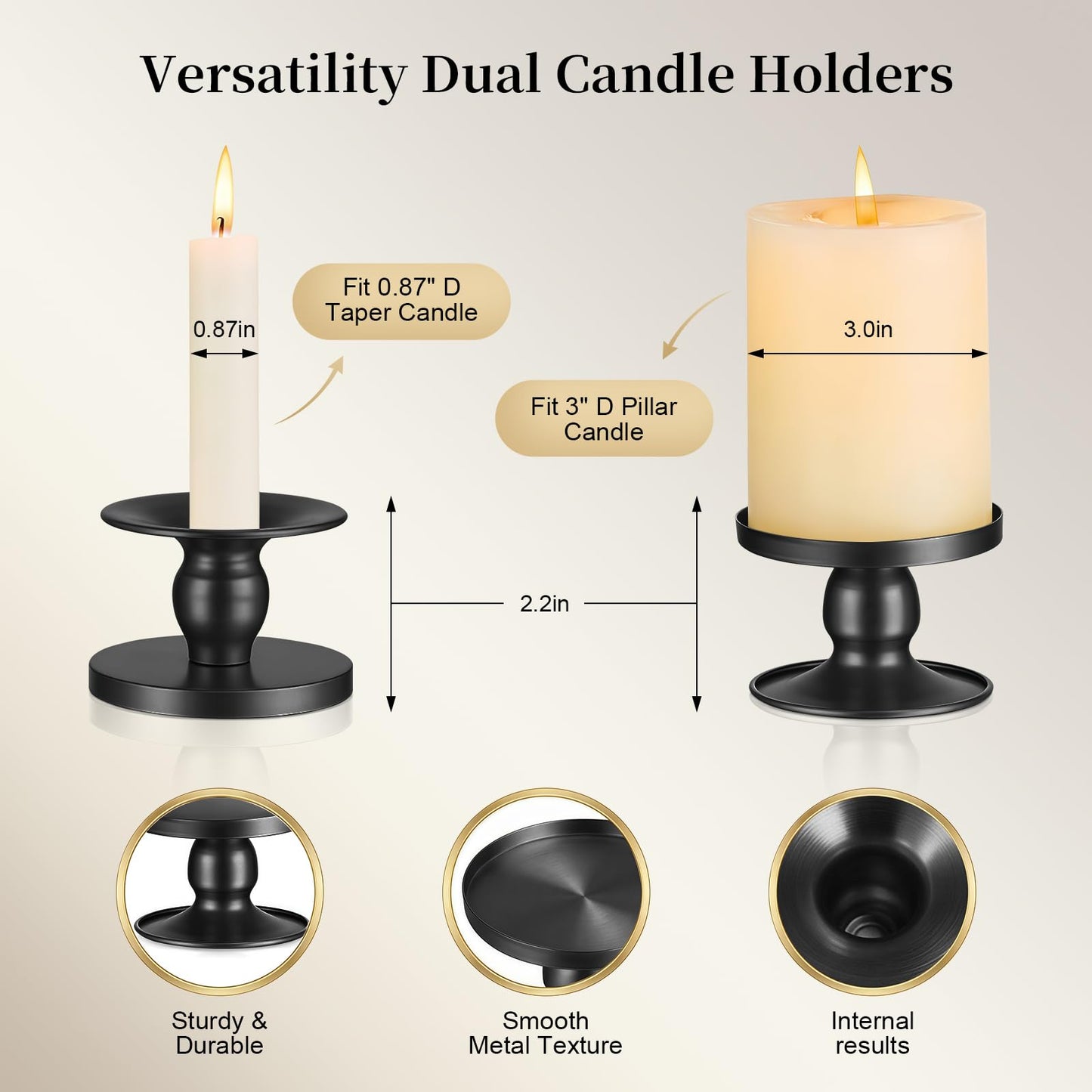 Pillar & Taper Dual Candle Holder: Fit 3" D and 0.87" D Candles - Stable Wide Base & Easy Clean - Smooth Metal Texture Candlestick for Holiday Home Table Centerpiece Decor - Set of 3 Gift (Black)