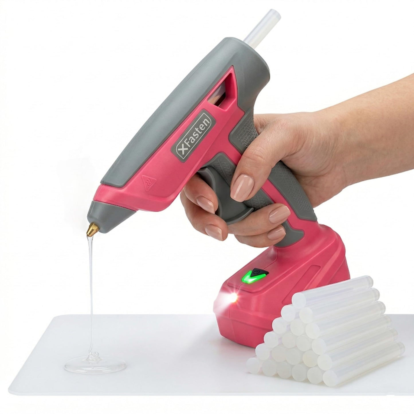XFasten Pink Cordless Hot Glue Gun and Sticks Set, USB-C Rechargeable with 7.2V Battery, 15s Fast Preheating with 20 Pcs Crystal Clear Mini Glue Sticks and Silicone Mat for Crafts DIY Home Repairs