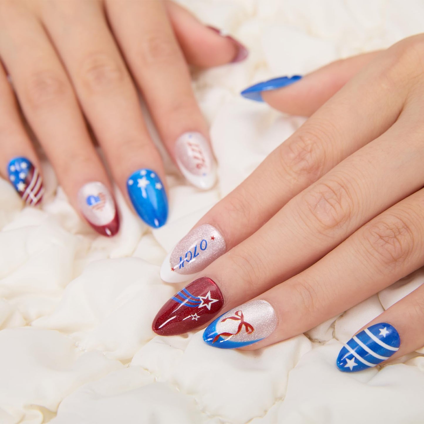 SKUPHI 4th of July Press On Nails, Short Almond Cat Eye Pearl Gloss Finish, Salon Quality Handmade Reusable Stick On False Nails 32 Nail Kit-16 Sizes