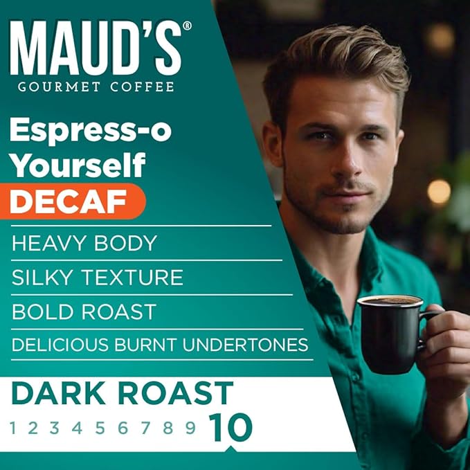 Maud's Decaf Espresso Roast Coffee Pods, 18 ct, Decaffeinated Dark Roast Recyclable Single Serve Pods – 100% Arabica Coffee, Compatible with Keurig K Cups Maker