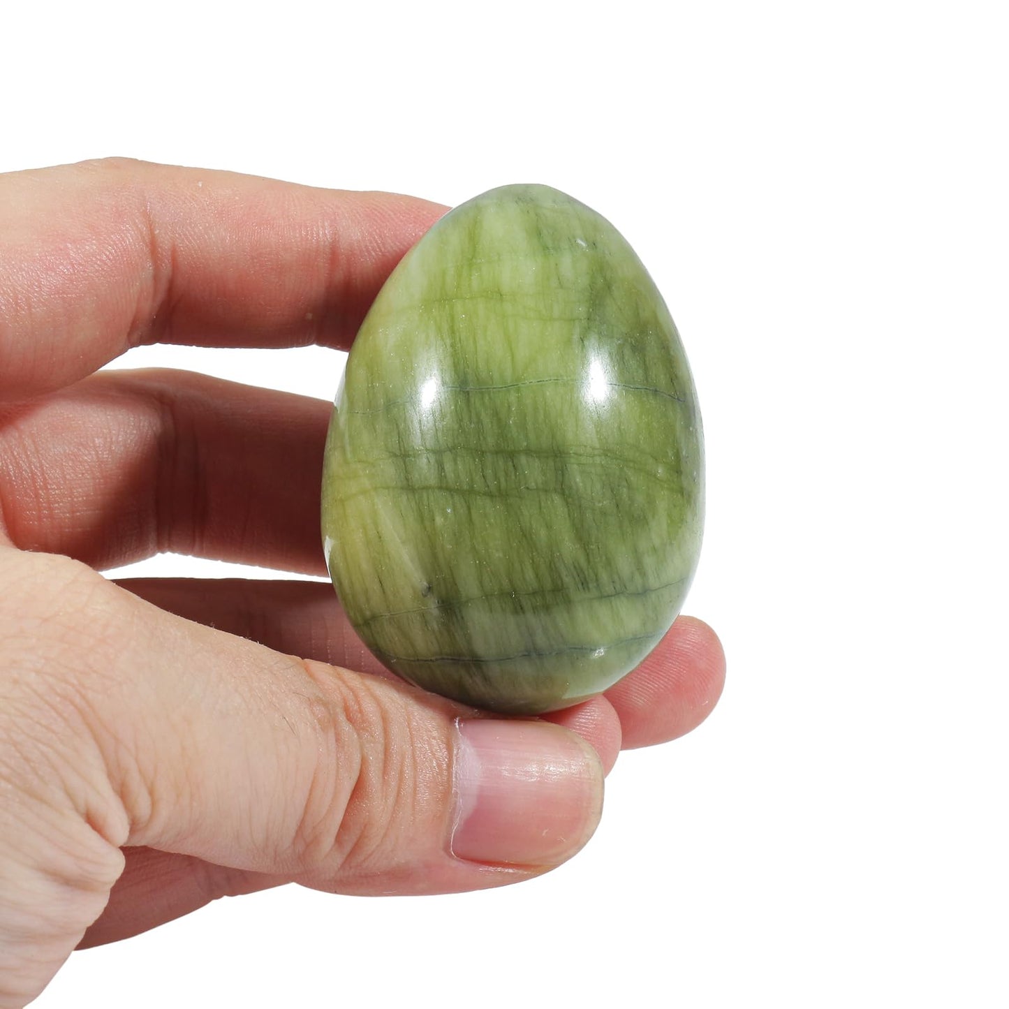 Fekuar Stone Egg Figurine, Polished Healing Crystal Easter Eggs Sphere Sculpture with Wood Stand, Green Jade, 1.8"