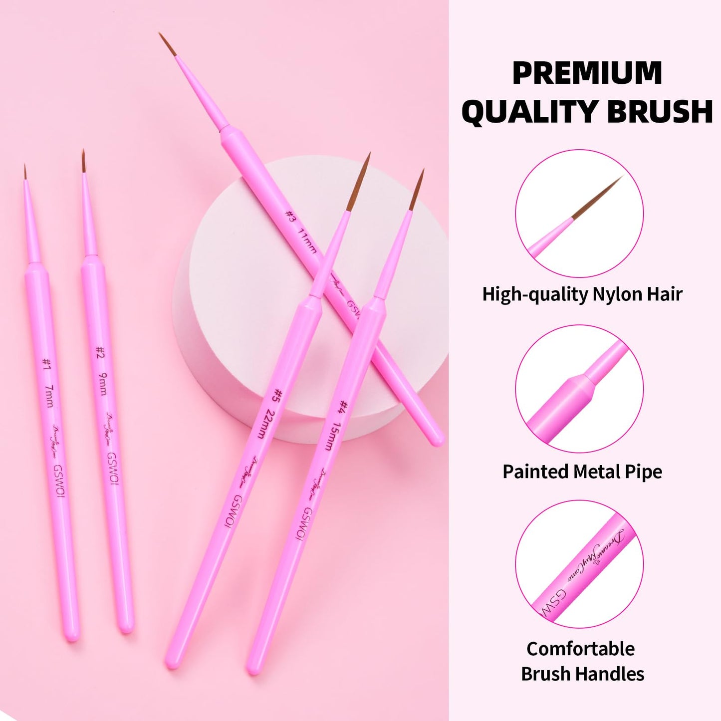 Nail Brush Set for Nail Art Liner Brushes,GSWOI 5Pcs Thin Liner Striping Brush for Nails Gel Polish Painting Designs Elongated Lines -Sizes 7/9/11/15/22mm(Green)